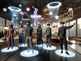 Menschen mit VR-Headsets in modernem, digitalem Showroom zwischen schwebenden Produkt-Hologrammen und interaktiven Benutzeroberflächen