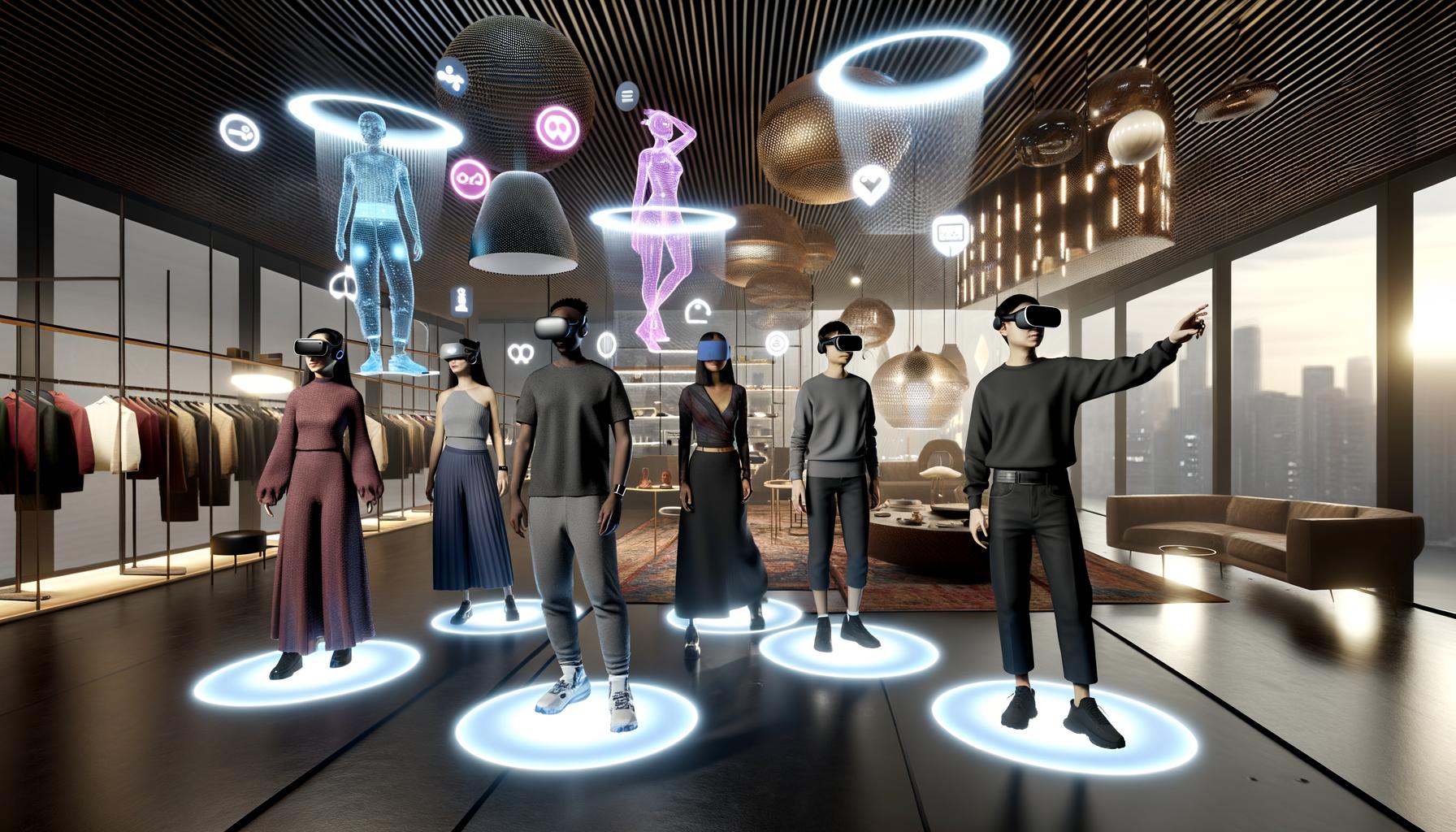 Menschen mit VR-Headsets in modernem, digitalem Showroom zwischen schwebenden Produkt-Hologrammen und interaktiven Benutzeroberflächen