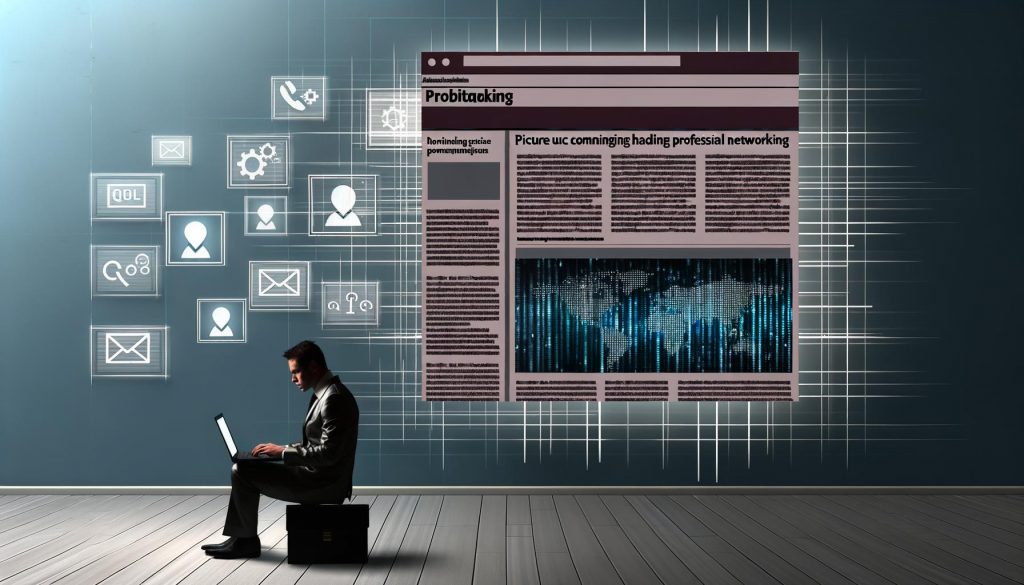 Moderne Büroszene mit Person am Laptop, LinkedIn-Startseite mit hervorgehobenem Beitrag, algorithmischen Diagrammen und Engagement-Symbolen im Hintergrund.