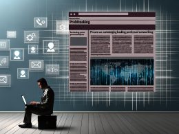 Moderne Büroszene mit Person am Laptop, LinkedIn-Startseite mit hervorgehobenem Beitrag, algorithmischen Diagrammen und Engagement-Symbolen im Hintergrund.