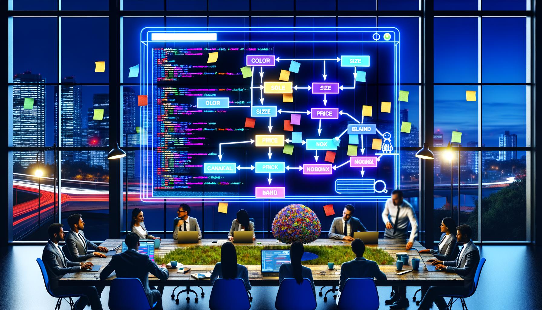 SEO-Spezialisten analysieren komplexe Shop-Backends mit visuellen Filtern und Googlebot-Flowcharts vor einer modernen Großstadtkulisse.