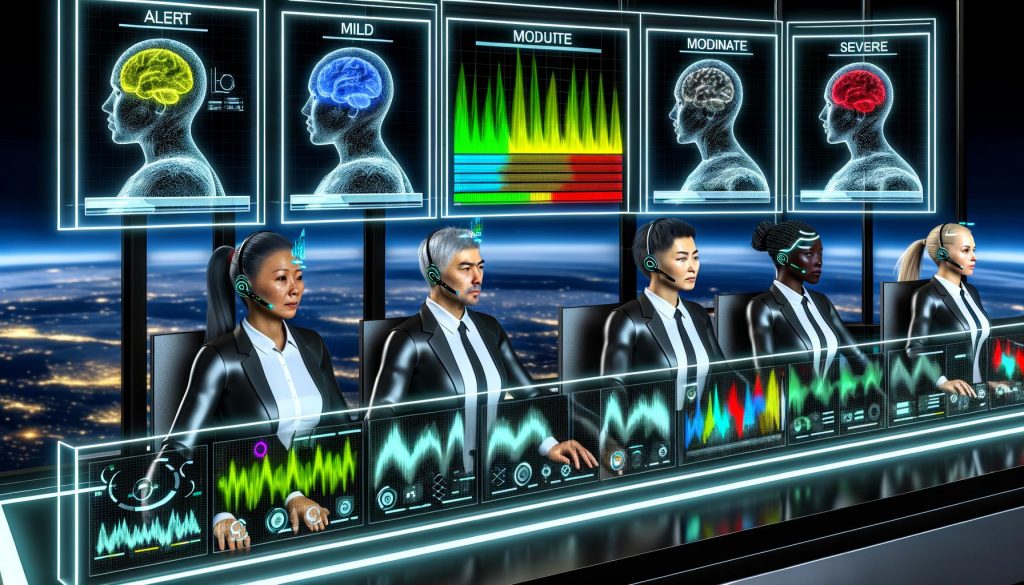 Futuristischer Kontrollraum mit digitalen Dashboards, die biometrische Daten, EEG-Wellenformen und Müdigkeitslevel in Echtzeit anzeigen, beobachtet von einem diversen Team mit Wearables und Eye-Tracking-Geräten.