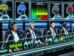 Futuristischer Kontrollraum mit digitalen Dashboards, die biometrische Daten, EEG-Wellenformen und Müdigkeitslevel in Echtzeit anzeigen, beobachtet von einem diversen Team mit Wearables und Eye-Tracking-Geräten.