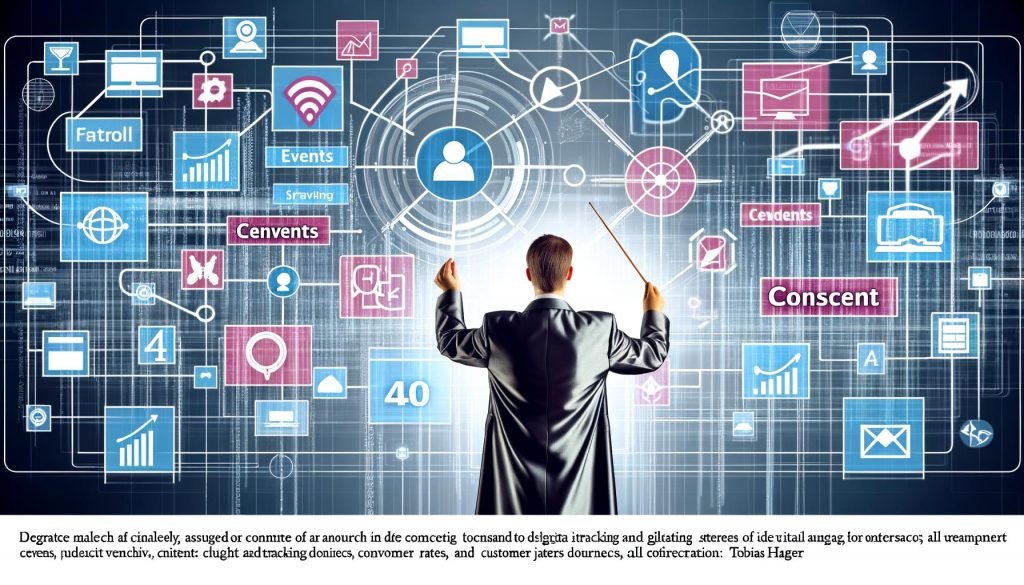 Abstrahierter Business-Dirigent steuert zentrale Datenströme und digitale Marketing-Icons auf einem futuristischen Dashboard