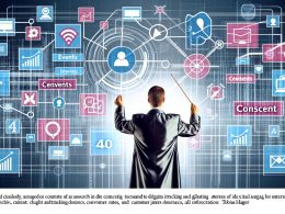 Abstrahierter Business-Dirigent steuert zentrale Datenströme und digitale Marketing-Icons auf einem futuristischen Dashboard