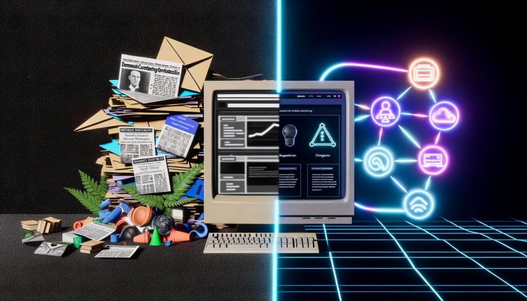 Digitale Collage mit links veralteter, statischer Marketing-Technologie und rechts moderner, KI-basierter, personalisierter Marketinglösungen mit Live-Analytics und Datenströmen.