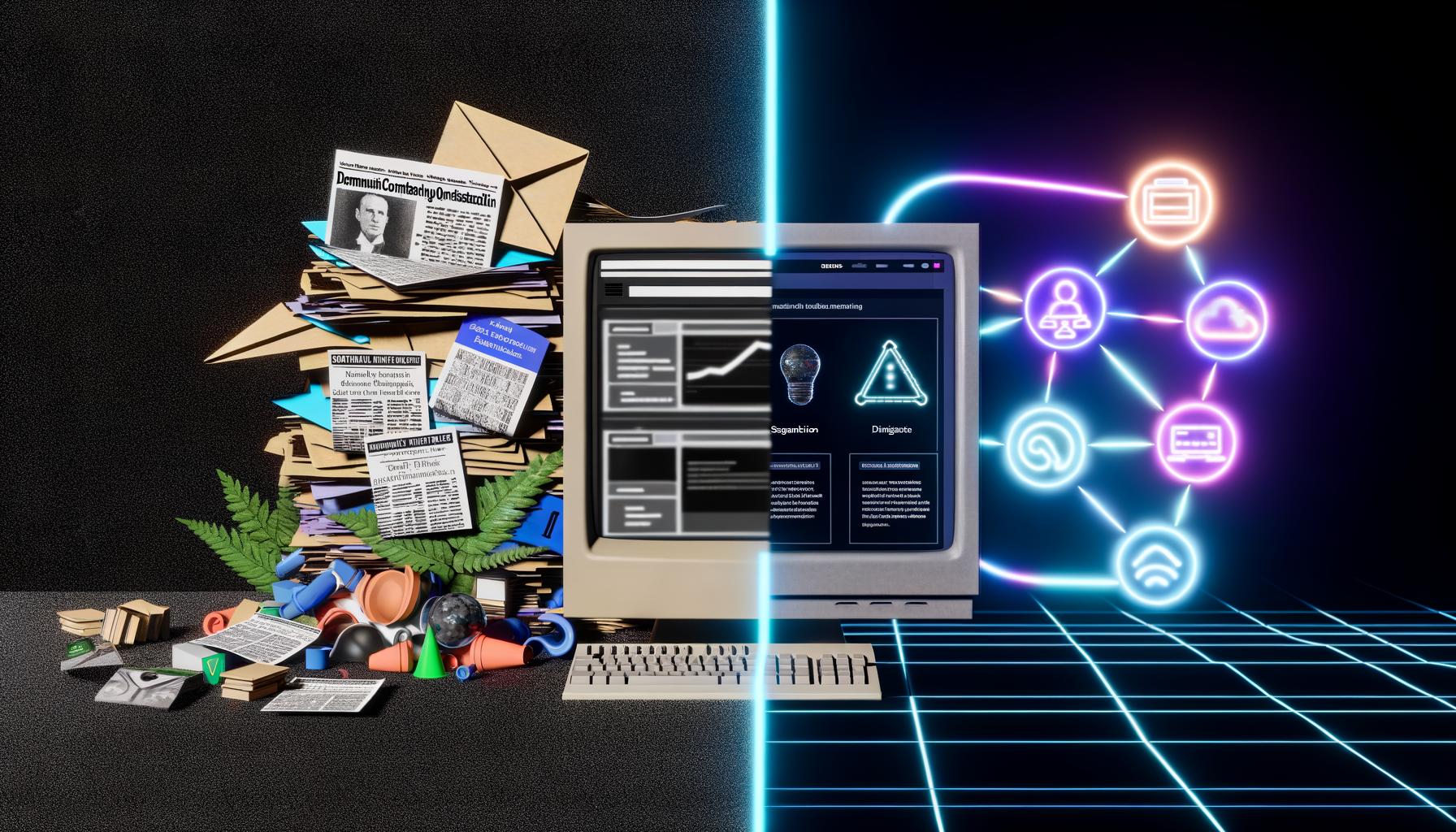 Digitale Collage mit links veralteter, statischer Marketing-Technologie und rechts moderner, KI-basierter, personalisierter Marketinglösungen mit Live-Analytics und Datenströmen.