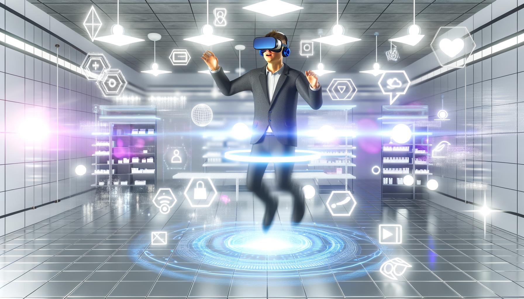 Person mit VR-Headset in einem digitalen Shop voller interaktiver 3D-Produkte, Hologramme und leuchtender Benutzeroberflächen, Plattform-Logos wie Meta Quest und PlayStation VR im Hintergrund.