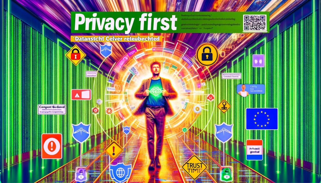 Magazin-Cover: Digitaler Marketer navigiert zwischen Datenschutzsymbolen und verlässt eine chaotische Cookie-Landschaft für eine geordnete, sichere Tracking-Welt mit Consent-Switch und Serversymbolen.