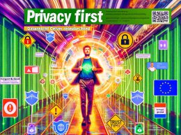 Magazin-Cover: Digitaler Marketer navigiert zwischen Datenschutzsymbolen und verlässt eine chaotische Cookie-Landschaft für eine geordnete, sichere Tracking-Welt mit Consent-Switch und Serversymbolen.