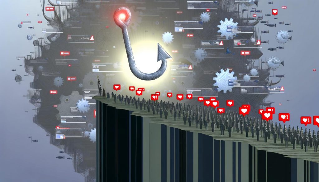 Moderne Illustration einer digitalen LinkedIn-Landschaft mit großem Hook, gesichtslosen Avataren, algorithmischem Maschinenraum, roten FOMO-Lichtern und verblassenden Motivationsposts.