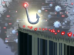 Moderne Illustration einer digitalen LinkedIn-Landschaft mit großem Hook, gesichtslosen Avataren, algorithmischem Maschinenraum, roten FOMO-Lichtern und verblassenden Motivationsposts.