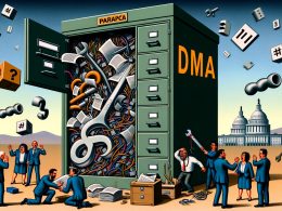 Karikatur eines großen Aktenschranks mit 'DMA'-Beschriftung, Big-Tech-Vertretern an Reglern, sorgenvollen Marketern und einer kleinen EU-Kommissarin im Hintergrund.