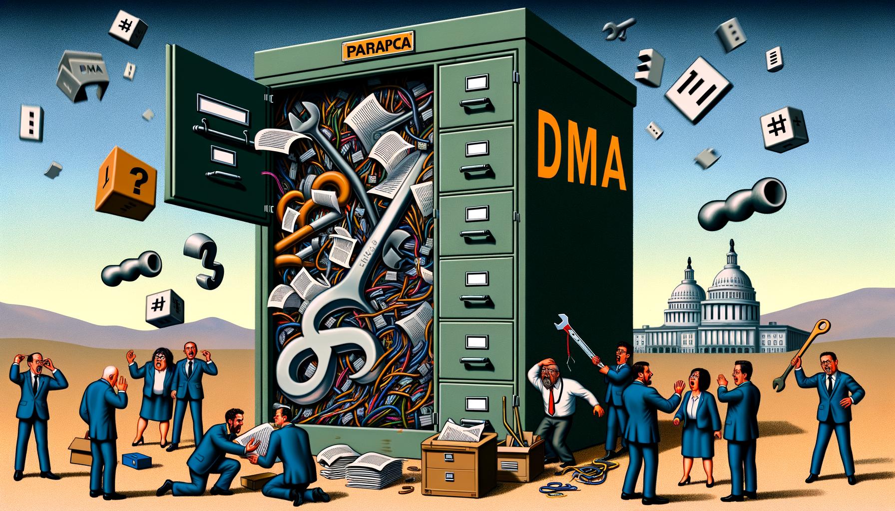 Karikatur eines großen Aktenschranks mit 'DMA'-Beschriftung, Big-Tech-Vertretern an Reglern, sorgenvollen Marketern und einer kleinen EU-Kommissarin im Hintergrund.