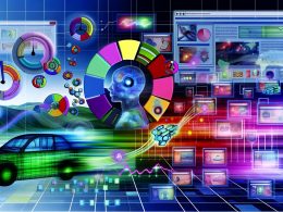 Futuristische Illustration eines digitalen Arbeitsbereichs mit bunten Dashboards, Datenströmen, KI-Icons und interagierenden Nutzeravataren vor unscharfen Webseiten im Hintergrund.