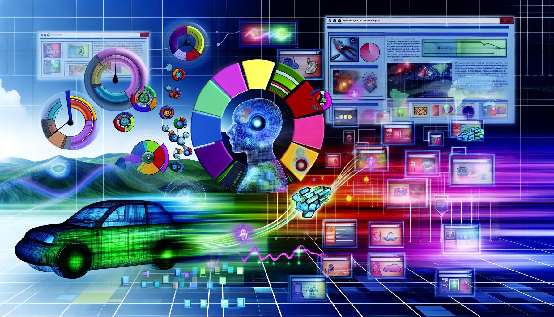 Futuristische Illustration eines digitalen Arbeitsbereichs mit bunten Dashboards, Datenströmen, KI-Icons und interagierenden Nutzeravataren vor unscharfen Webseiten im Hintergrund.