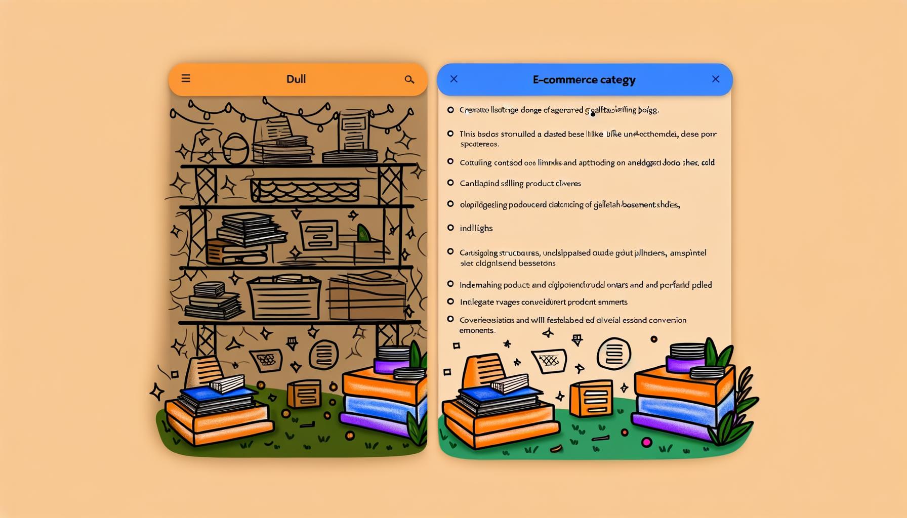 Vergleich einer alten, überladenen E-Commerce-Kategorieseite mit einer modernen, ansprechend gestalteten Kategorieansicht voller Highlights und Konvertierungselemente.