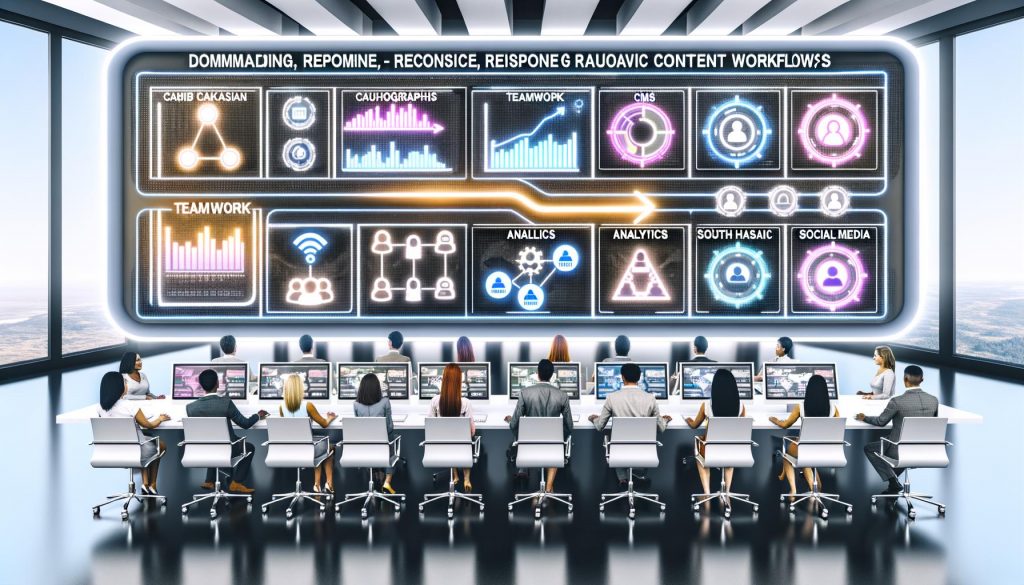 Futuristischer Arbeitsplatz mit interaktivem Dashboard, das Content-Workflows, Realtime-Analysen und Zusammenarbeit über digitale Geräte zeigt.