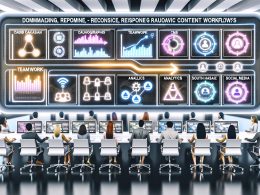 Futuristischer Arbeitsplatz mit interaktivem Dashboard, das Content-Workflows, Realtime-Analysen und Zusammenarbeit über digitale Geräte zeigt.