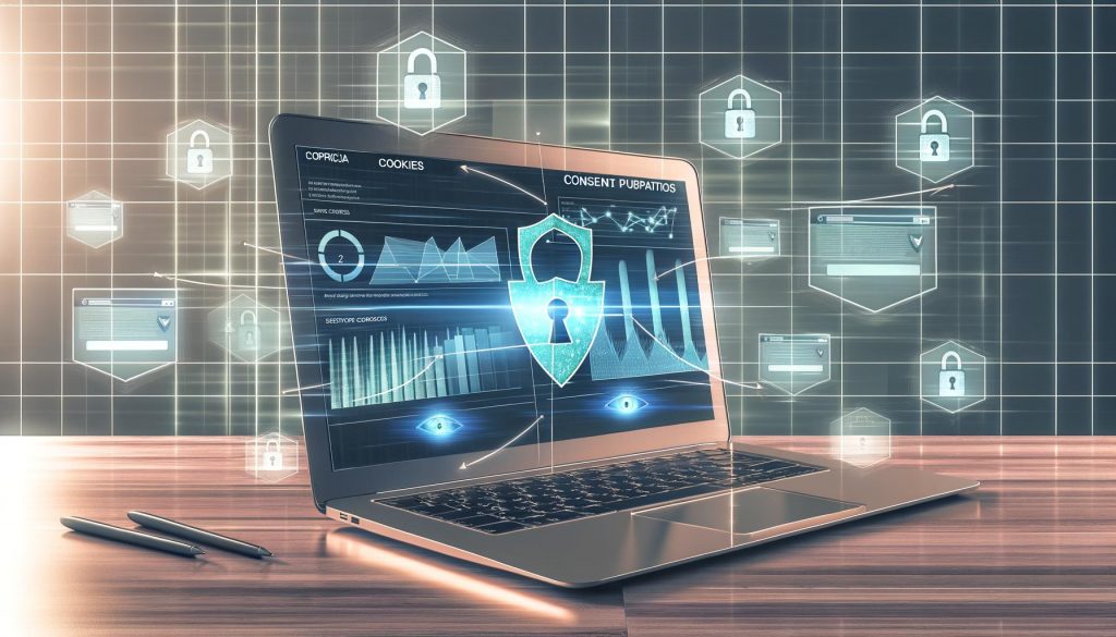 Digitaler Arbeitsplatz mit Laptop, Analyse-Dashboard, Datenschutzhinweisen, DSGVO- und ePrivacy-Symbolen, durchgestrichenen Cookies und betonten First-Party-Daten.