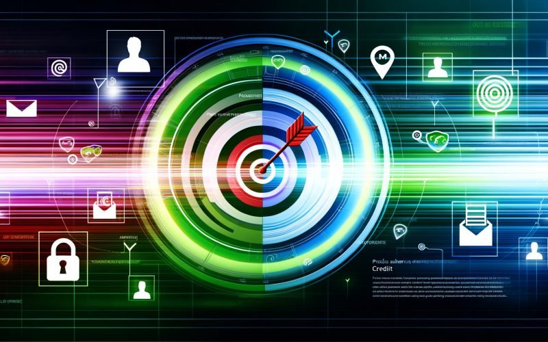 Stilisiertes Titelbild mit digitalem Dashboard, Datenströmen, E-Mail-Adressen und Avataren, die sich in eine Zielscheibe verwandeln. Farbige Linien und moderne Symbole für Datenschutz und Werbung.