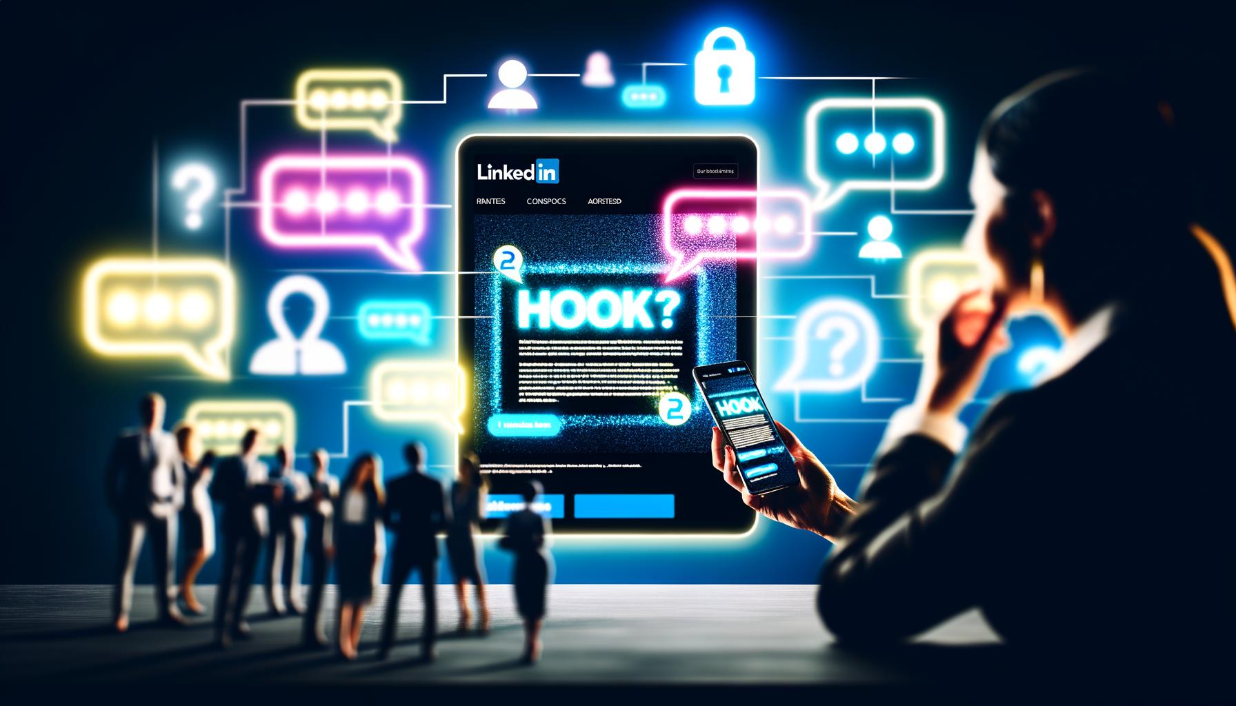 Dynamisches Titelbild im Editorial-Stil: Ein LinkedIn-Feed mit hervorgehobenen Hooks auf Laptop, Tablet oder Smartphone, umgeben von Neon-Emojis, Sprechblasen und Markierungen. Silhouetten von Geschäftsleuten blicken auf den Bildschirm, professionelles und energiegeladenes Setting.