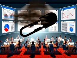 Dramatische Illustration eines Online-Marketing-Büros mit Marketers an Laptops, leuchtenden Dashboards, einer übergroßen DMA-Büroklammer und digitalen Minenfeldern.