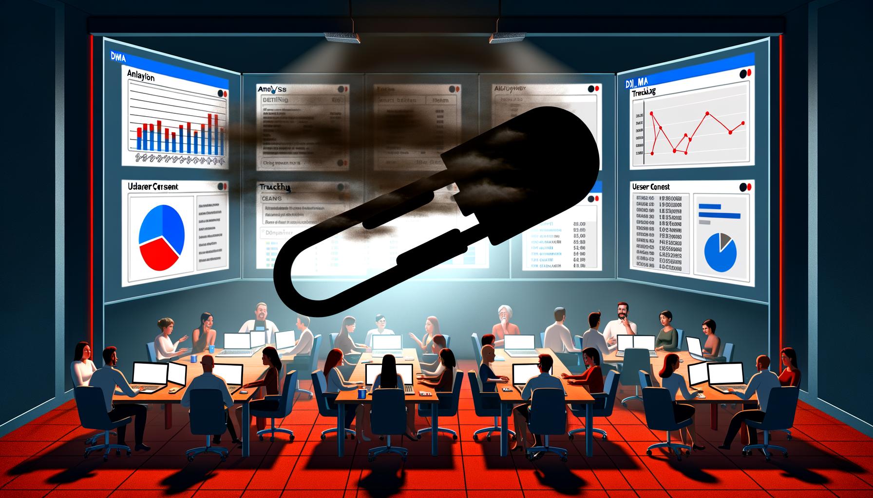 Dramatische Illustration eines Online-Marketing-Büros mit Marketers an Laptops, leuchtenden Dashboards, einer übergroßen DMA-Büroklammer und digitalen Minenfeldern.