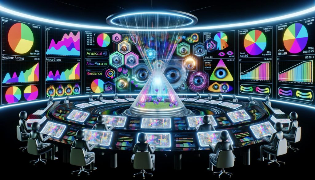 Futuristischer Kontrollraum mit holografischen Datenvisualisierungen, transparentem Display mit Heatmaps und KI-Analytics, Marketingexperten an digitalen Dashboards