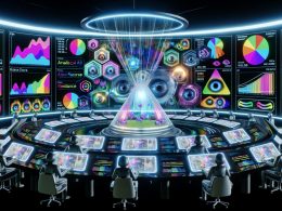 Futuristischer Kontrollraum mit holografischen Datenvisualisierungen, transparentem Display mit Heatmaps und KI-Analytics, Marketingexperten an digitalen Dashboards