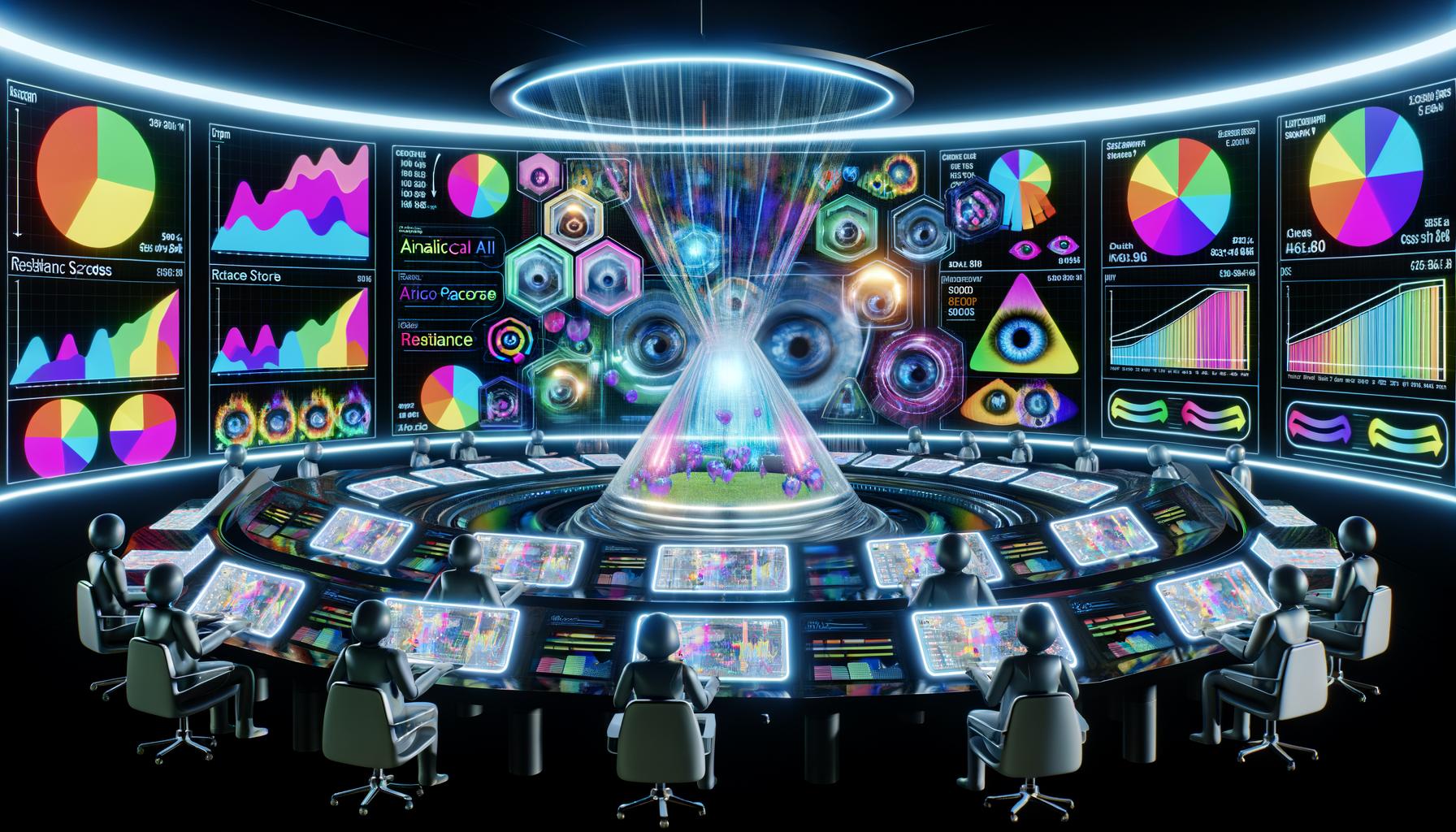 Futuristischer Kontrollraum mit holografischen Datenvisualisierungen, transparentem Display mit Heatmaps und KI-Analytics, Marketingexperten an digitalen Dashboards