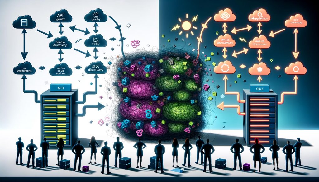 Digitale Illustration eines verworrenen Monolithen links und modularen Microservices rechts, mit gestressten und energiegeladenen Entwicklerteams im Hintergrund.
