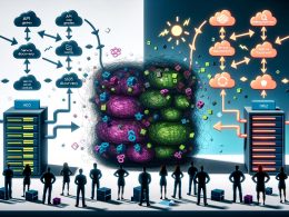 Digitale Illustration eines verworrenen Monolithen links und modularen Microservices rechts, mit gestressten und energiegeladenen Entwicklerteams im Hintergrund.