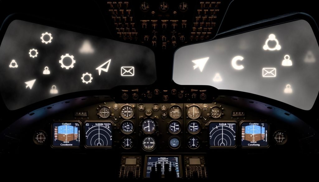Stilisiertes Flugzeugcockpit bei Nacht, links mit schwarzen Anzeigen und verschwommen schwebenden Symbolen für digitale Marketing-Elemente, rechts mit leuchtenden Instrumenten und sichtbaren Analytics-Daten.