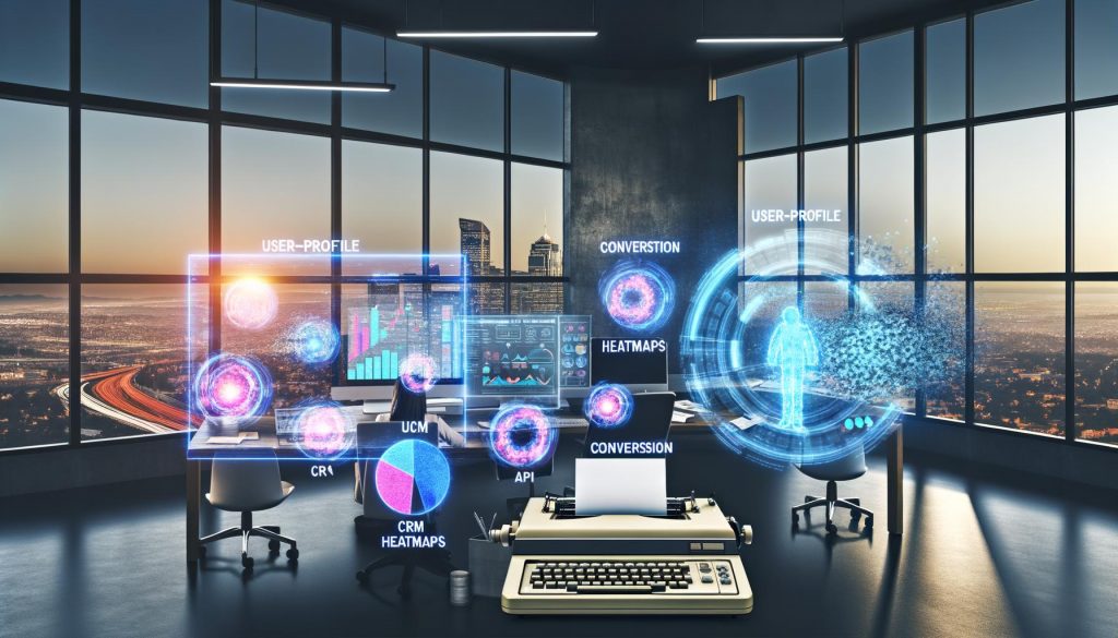 Marketing-Expert*innen arbeiten an holografischen Bildschirmen mit dynamischen Diagrammen und Datenströmen, daneben ein staubbedecktes Faxgerät im hellen Büro mit Stadtblick.