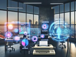 Marketing-Expert*innen arbeiten an holografischen Bildschirmen mit dynamischen Diagrammen und Datenströmen, daneben ein staubbedecktes Faxgerät im hellen Büro mit Stadtblick.