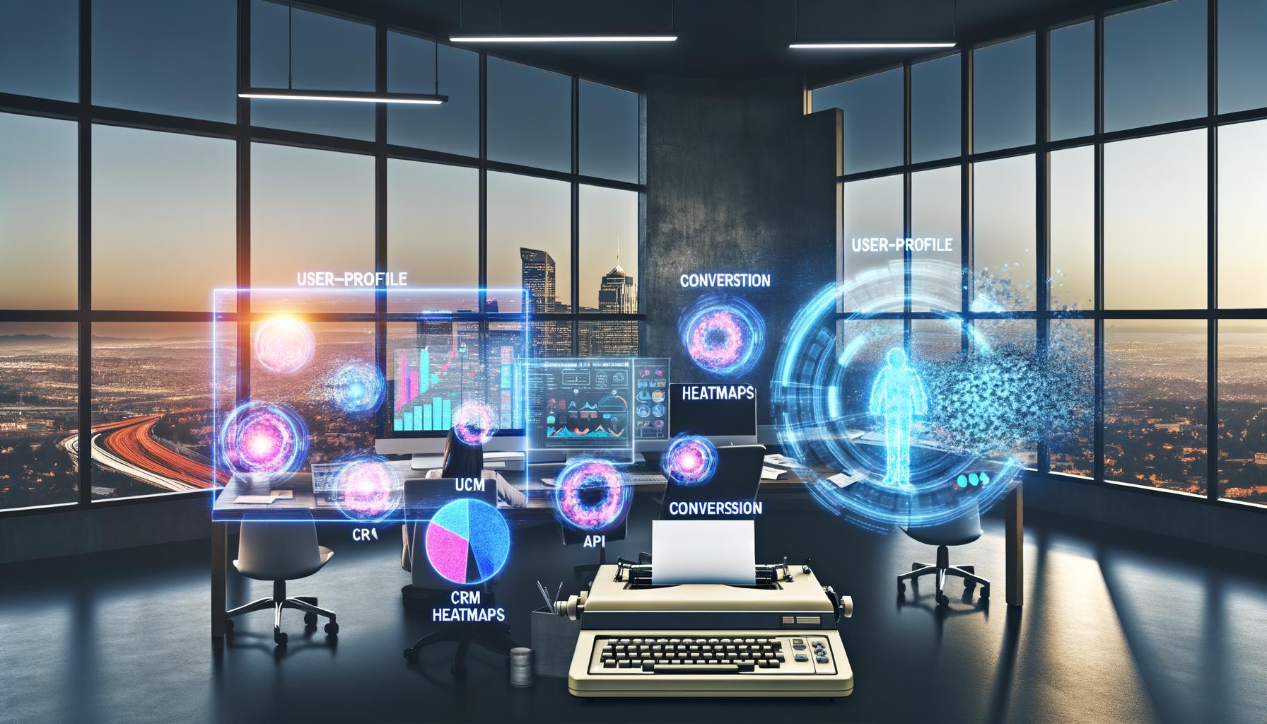 Marketing-Expert*innen arbeiten an holografischen Bildschirmen mit dynamischen Diagrammen und Datenströmen, daneben ein staubbedecktes Faxgerät im hellen Büro mit Stadtblick.