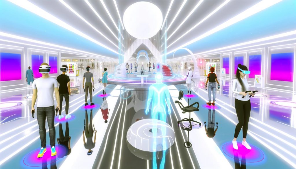 Virtuelles Kaufhaus mit VR-Nutzern, Avataren in moderner Kleidung, digital anprobierten Sneakern und holografischen Produktdisplays in futuristischer Umgebung