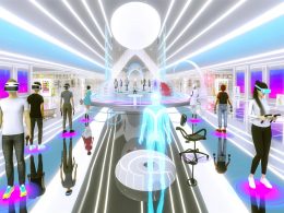 Virtuelles Kaufhaus mit VR-Nutzern, Avataren in moderner Kleidung, digital anprobierten Sneakern und holografischen Produktdisplays in futuristischer Umgebung