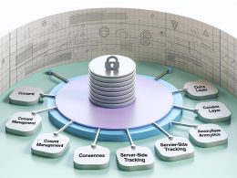 Stilisiertes Diagramm einer Datenschutz-freundlichen Tracking Architektur mit zentralem Server, Schichten für Einwilligungsmanagement, Datenebene, Server-Side Tracking und anonymer Analyse, ergänzt durch DSGVO-Icons.