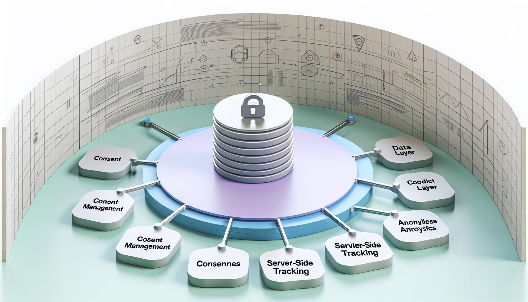 Stilisiertes Diagramm einer Datenschutz-freundlichen Tracking Architektur mit zentralem Server, Schichten für Einwilligungsmanagement, Datenebene, Server-Side Tracking und anonymer Analyse, ergänzt durch DSGVO-Icons.