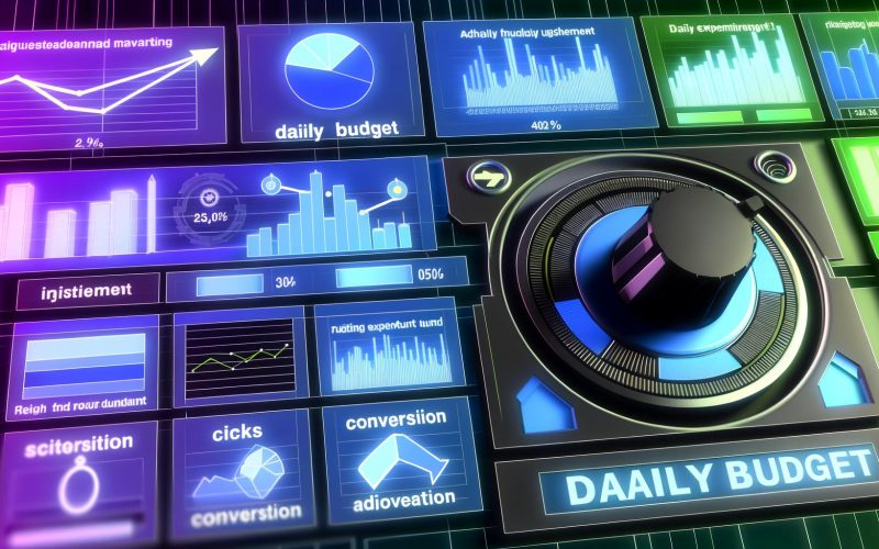 Digitales Dashboard mit täglichen Budgeteinstellungen, bunten Ausgaben-Balken für Google Ads, Meta und TikTok sowie Icons für Klicks, Conversions und Impressionen auf einem modernen Interface.