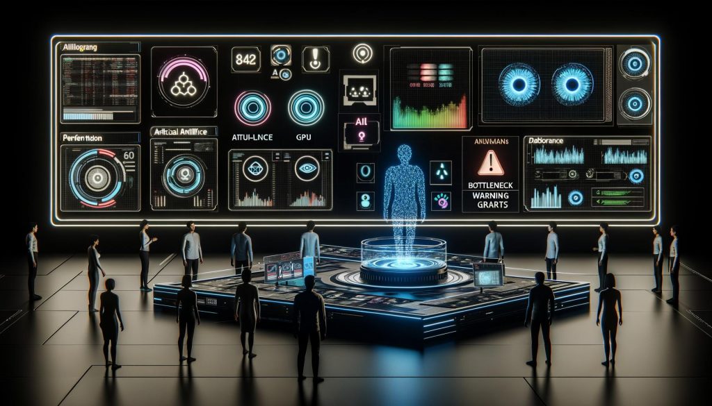 Futuristisches Labor mit holographischen Dashboards, auf denen KI-Algorithmen, Heatmaps und Datenströme angezeigt werden. Im Mittelpunkt steht eine KI-Plattform, umgeben von Technikern, die Performance-Grafen überwachen.