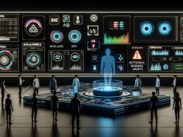 Futuristisches Labor mit holographischen Dashboards, auf denen KI-Algorithmen, Heatmaps und Datenströme angezeigt werden. Im Mittelpunkt steht eine KI-Plattform, umgeben von Technikern, die Performance-Grafen überwachen.