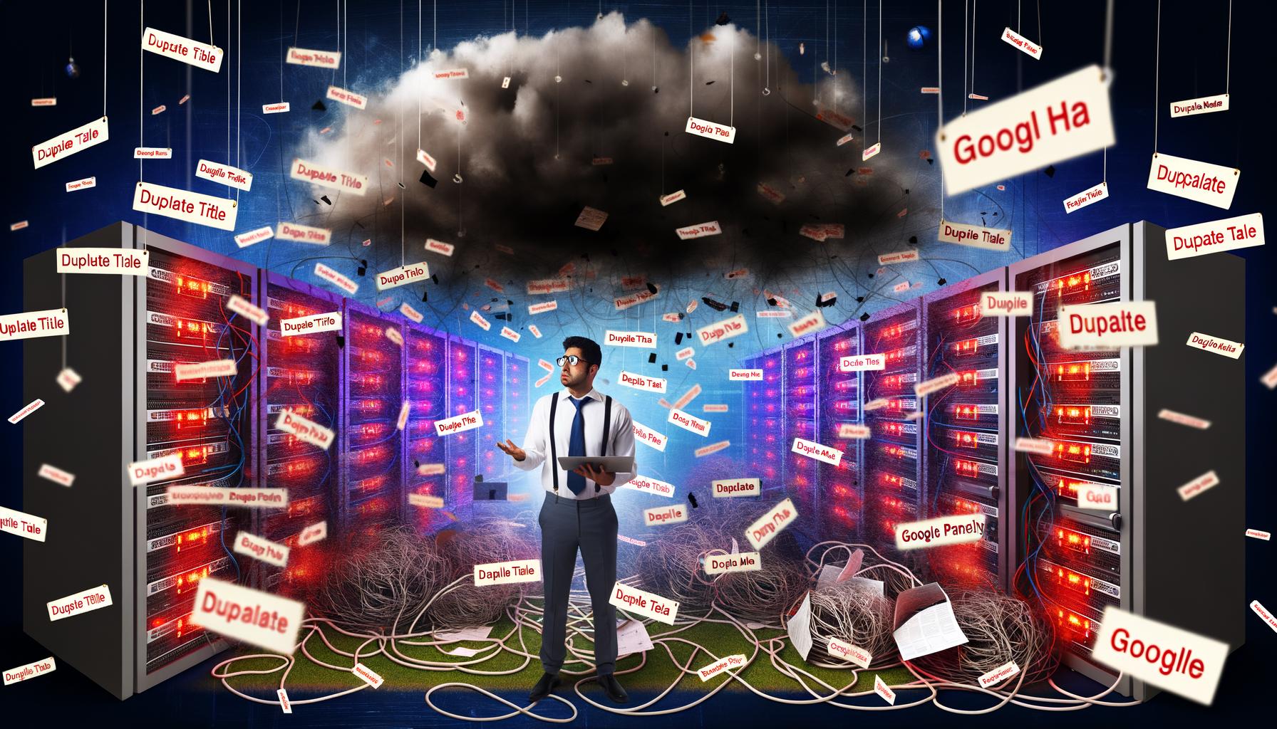 Marketer in Business-Casual stehen verzweifelt auf einem digitalen Großstadtschauplatz mit überdimensionalen Cookie-Bannern, zerschlagenen Dashboards, Datendiagrammen und gigantischen, leuchtenden Augen von Big-Tech-Konzernen vor EU-Sternen.