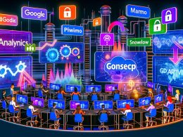 Futuristisches Redaktionsbüro mit holografischen Dashboards, zahlreichen Tracking-Tools, bunten Datenströmen und sichtbaren Datenschutzsymbolen wie Schilden und Schlössern.