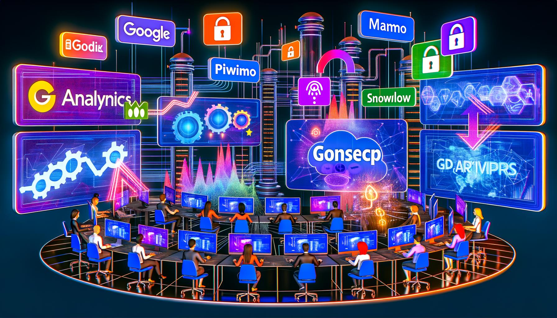 Futuristisches Redaktionsbüro mit holografischen Dashboards, zahlreichen Tracking-Tools, bunten Datenströmen und sichtbaren Datenschutzsymbolen wie Schilden und Schlössern.