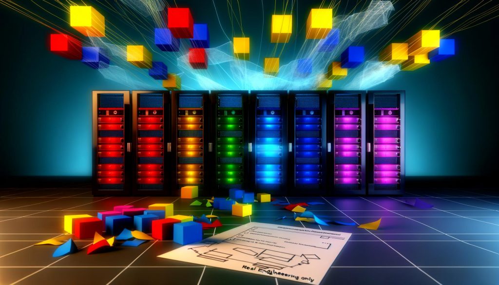Moderner Serverraum mit farbig leuchtenden Serverracks, abstrakten Domain-Blöcken, roter Checkliste, verstreuten Architekturdiagrammen und Warnschild 'Real Engineering Only'.