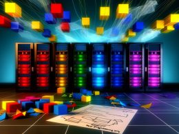 Moderner Serverraum mit farbig leuchtenden Serverracks, abstrakten Domain-Blöcken, roter Checkliste, verstreuten Architekturdiagrammen und Warnschild 'Real Engineering Only'.