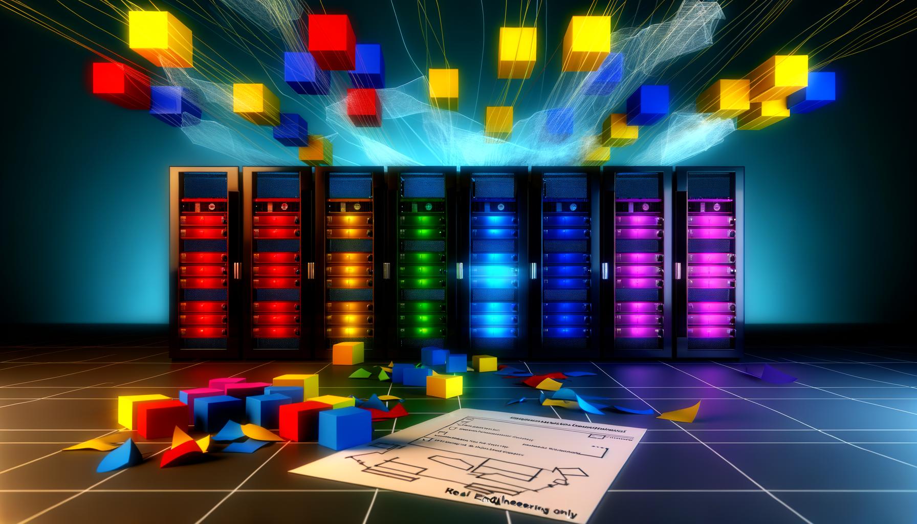 Moderner Serverraum mit farbig leuchtenden Serverracks, abstrakten Domain-Blöcken, roter Checkliste, verstreuten Architekturdiagrammen und Warnschild 'Real Engineering Only'.